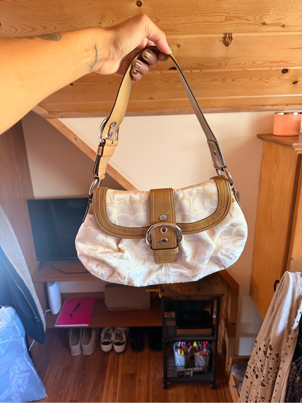 Coach Cream Signature Canvas Shoulder Bag with Tan Leather Trim